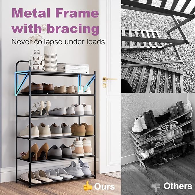 6 Tier No-Assembly Shoe Rack, Foldable Shoes Rack Organizer Without Installation, Portable Solid Metal Shoe Shelves for Closet, Entryway, Front Door Entrance
