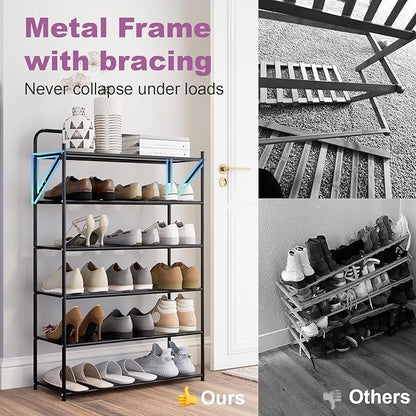 6 Tier No-Assembly Shoe Rack, Foldable Shoes Rack Organizer Without Installation, Portable Solid Metal Shoe Shelves for Closet, Entryway, Front Door Entrance