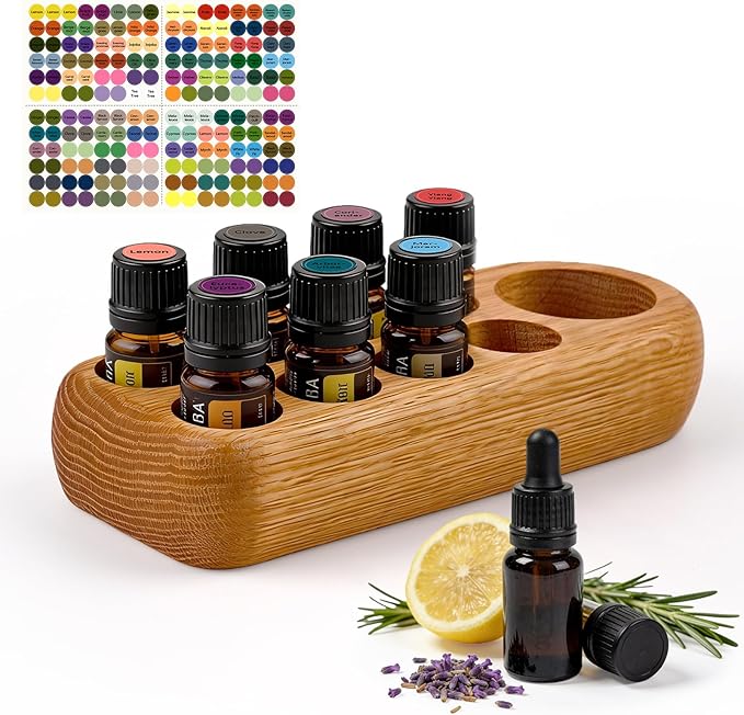 RoseFlower Wooden Essential Oil Display Storage Organizer Holder Stand - 9 Slots Red Oak Wood Rack - Holds up to 9 Aromatherapy Bottles - Ideal Gift Presentation Shelf