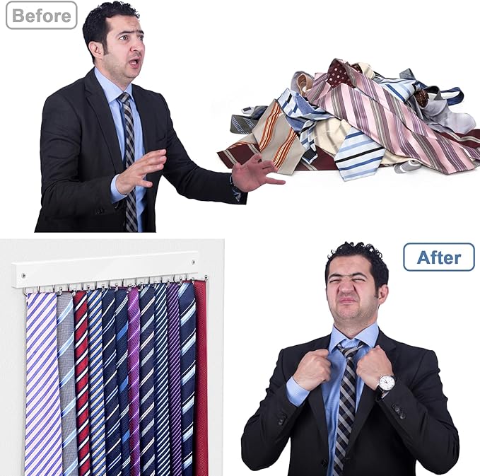 【2 in 1】 2 Pack Tie Organizer Belt Organizer Wall Mounted, Space Saving Tie Rack Belt Hanger for Closet with 24 Storage Hooks, Belt Tie Holder for Closet Organizer Storage White