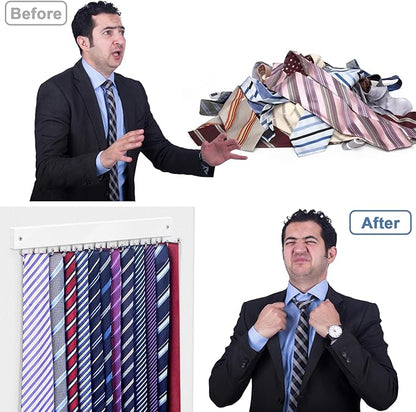 【2 in 1】 2 Pack Tie Organizer Belt Organizer Wall Mounted, Space Saving Tie Rack Belt Hanger for Closet with 24 Storage Hooks, Belt Tie Holder for Closet Organizer Storage White