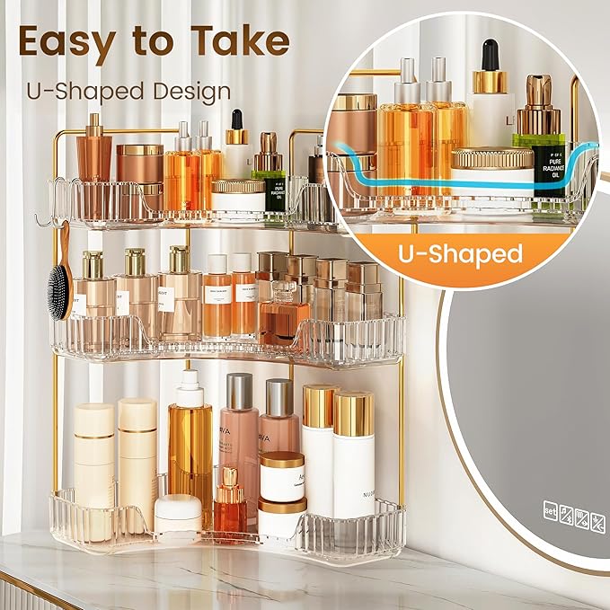 Corner Bathroom Counter Organizer 3-Tier Bathroom Organizer Countertop with Hooks Perfume Organizers Storage Shelf for Makeup & Skincare Dresser-Clear