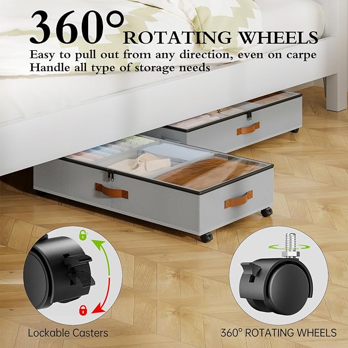 Yecaye Under Bed Storage with Wheels, 2 Pack Under Bed Storage Containers with Adjustable Dividers & Clear Window, Rolling Underbed Organizer Bins Drawers for Clothes, Shoes, Blankets, Grey