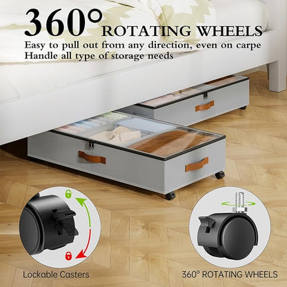 Yecaye Under Bed Storage with Wheels, 2 Pack Under Bed Storage Containers with Adjustable Dividers & Clear Window, Rolling Underbed Organizer Bins Drawers for Clothes, Shoes, Blankets, Grey