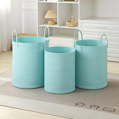 Laundry Basket Hamper Tall Rope Storage Woven for Blanket toys Dirty Clothes in Living Room Bathroom Bedroom (Cyan, 100L/26.4Gal)