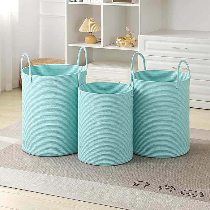 Laundry Basket Hamper Tall Rope Storage Woven for Blanket toys Dirty Clothes in Living Room Bathroom Bedroom (Cyan, 60L/15.8Gal)