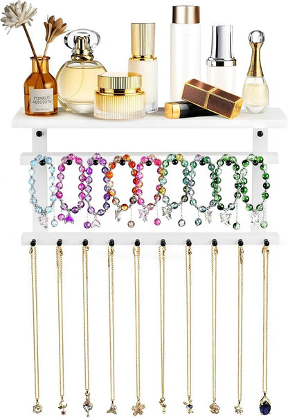Emfogo Necklace Holder, Necklace Organizer Wall Mount Upgraded Oversized, 19 Hooks for Bracelet Necklace Storage Hanging, Jewelry Organizer Tray & Cosmetic Shelf