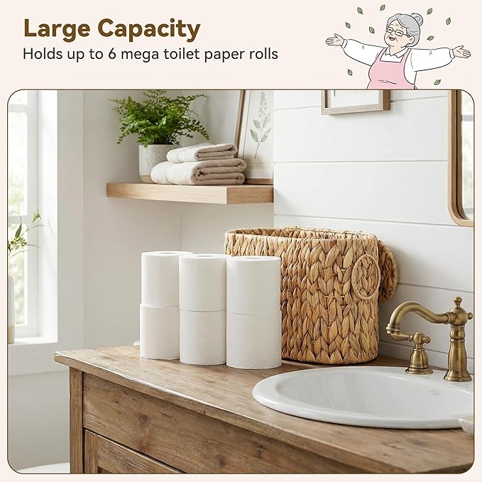 GRANNY SAYS Slim Toilet Paper Holder Baskets for 6 Mega Rolls, Bathroom Toilet Paper Storage Baskets with Lid, Wicker Natural Water Hyacinth Storage Basket with Handles for Bathroom Organizer
