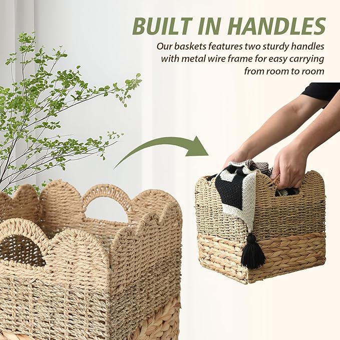 12x12 Storage Cube Bins Wicker Storage Basket for Cube Shelf, Set of 4 Collapsible Scalloped Storage Bins with Handle, Square Woven Baskets for Organizing Shelves Bedroom Pantry