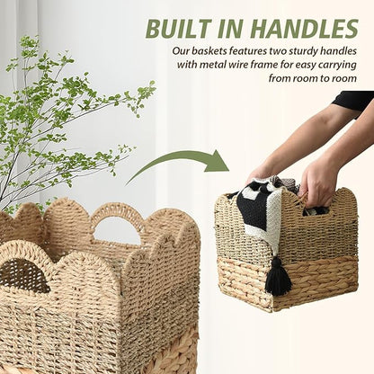 12x12 Storage Cube Bins Wicker Storage Basket for Cube Shelf, Set of 4 Collapsible Scalloped Storage Bins with Handle, Square Woven Baskets for Organizing Shelves Bedroom Pantry
