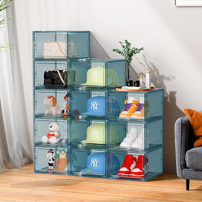 SCAVATA Hat Organizer Box, Stackable Clear Baseball Caps Holder Box Containers with Magnetic Door for Hats Snapback Cap Storag, Hat Rack Display Case, Holds 8 Hats Each (Blue, 2 Pack)