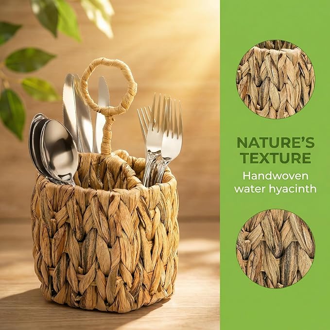 Hiceeden 2 Pack Woven Silverware Caddy with Handle, Natural Water Hyacinth Flatware Holder Organizer with 3 Compartments, Wicker Utensil Basket Cutlery for Kitchen Countertop, Picnic, Party, Hexagon