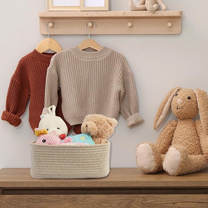 XUANGUO Small Woven Storage Baskets 13“X9”X5“ Decorative Rope Bins for Organizing Shelves, Closets, and Toys, Empty Gift Baskets, Cute Organizer Basket for Home and Office (oatmeal, Large)