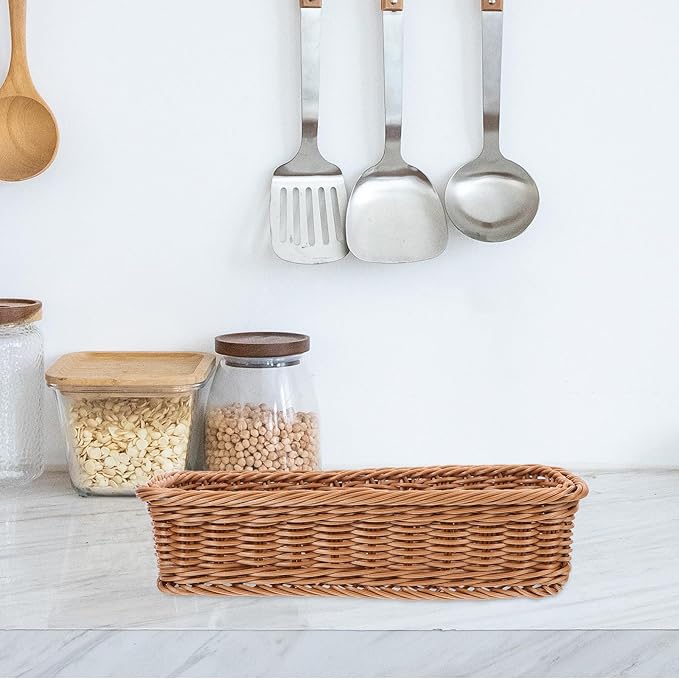 Angoily Rattan Woven Basket Tableware Storage Box for Chopsticks Forks Knives Lightweight Kitchen Utensil Organizer 11.81X4.33X2.75 Inches Compact Holder