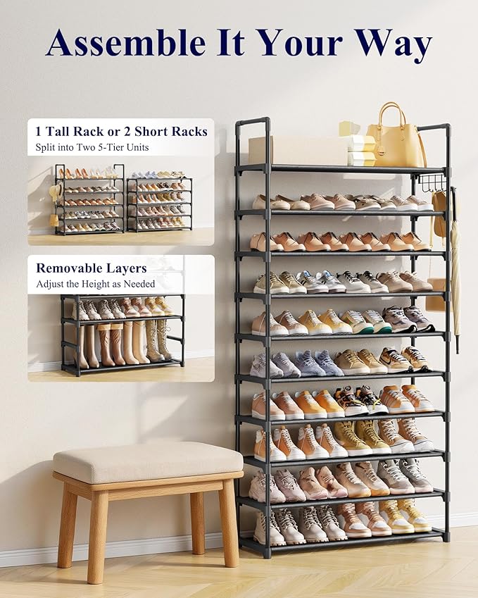 Kitsure Shoe Rack for Closet - 10-Tier Shoe Organizer with Hook Rack, Large-Capacity & Space-Saving Shoe Shelf for Entryway, Bedroom, Living Room,32.2" x 11.8" x 68.5", Black