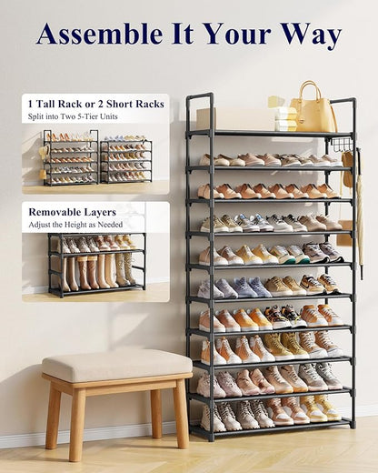 Kitsure Shoe Rack for Closet - 10-Tier Shoe Organizer with Hook Rack, Large-Capacity & Space-Saving Shoe Shelf for Entryway, Bedroom, Living Room,32.2" x 11.8" x 68.5", Black