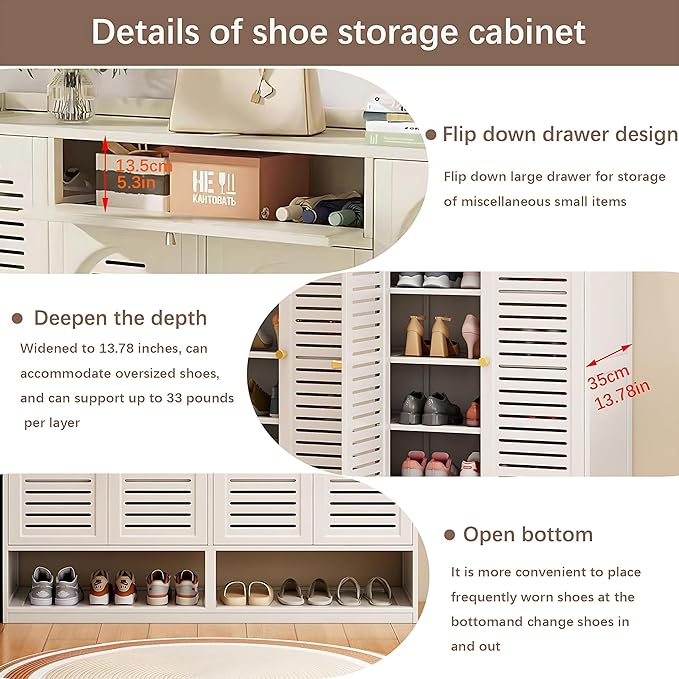 7-Tier Shoe Storage Cabinet with Shutter Doors, Large Capacity Shoe Cabinet With Drawers Sneakers Shoe Rack Shelf for Entryway, Freestanding Shoe Organizer with Thickened Adjustable Shelves for Closet