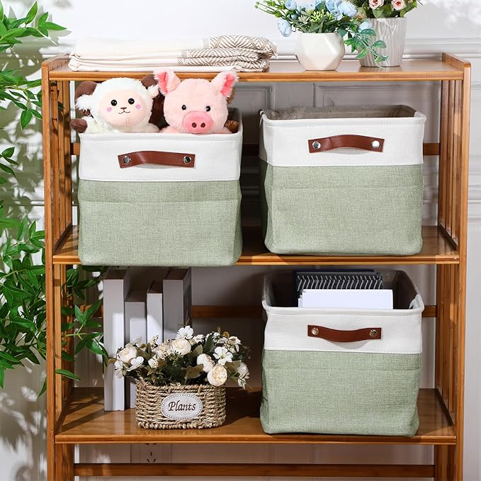 Uiifan 8 Pack 16 x 12 x 10 Inch Large Storage Baskets Collapsible Fabric Storage Cubes Bins with Handles for Shelves Closets Nursery Home Clothes Toys Organizers, Green