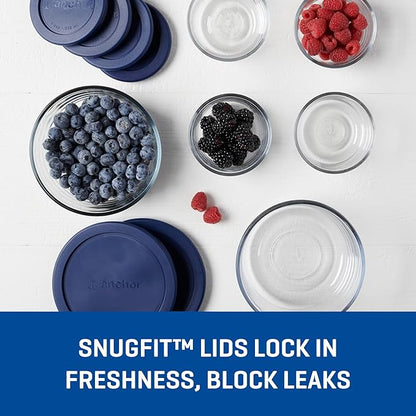 Anchor Hocking 12 Piece Glass Storage Containers with Lids (6 Glass Food Storage Containers & 6 Navy Blue SnugFit Lids)
