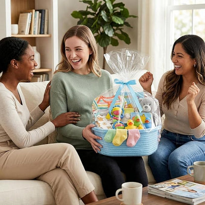 ShellKingdom Storage Basket with Handles, Empty Gift Basket with Gift Bags and Ribbon, Small Woven Baskets for Home, Nursery Storage Organizer, 12 X 8 X 5 INCH, Light Blue