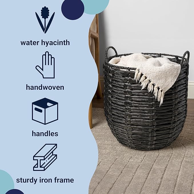 happimess BSK1003C Laurel 19.49" Bohemian Handwoven Abaca Hamper Basket with Handles, Seagrass Container for Decoration in Bedroom, Living Room, Laundry Room, Entryway, Natural, Black