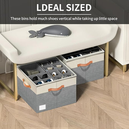 Aokeyee Shoe Organizer for Closet,2 Pack Foldable Shoe Storage Organizer Box Bin with Adjustable Dividers and Clear Cover, Fits up to 16-32 Pairs