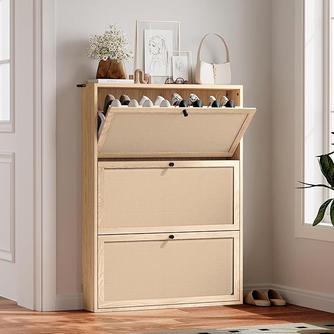 AVZEAR Narrow Shoe Storage Cabinet for Entryway with Natural Linen Panel, Freestanding Slim Shoe Cabinet with 3 Flip Drawers, Wood Shoe Organizer Closed Shoe Rack for Hallway, Living Room(Natural)