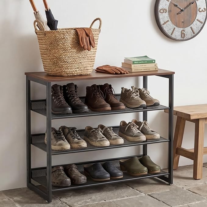 Garden 4 you Shoe Rack for Entryway 4 Tiers 11.8" D x 25" W x 28" H, Metal Shoe Rocks with Brown Wooden Tabletop, Angled Shoes Rack with Adjustable Mesh Shelves for Entryway Hallway Closet