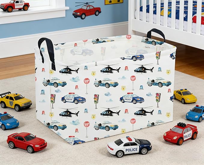 Sanjiaofeng Rectangular Police Car Storage Basket,Boys Toy Storage Bin,Nursery Hamper,Kids Storage Basket with Handles for Car Decor,Home Organizer,Books Box,Gift Baskets(Police Cars)