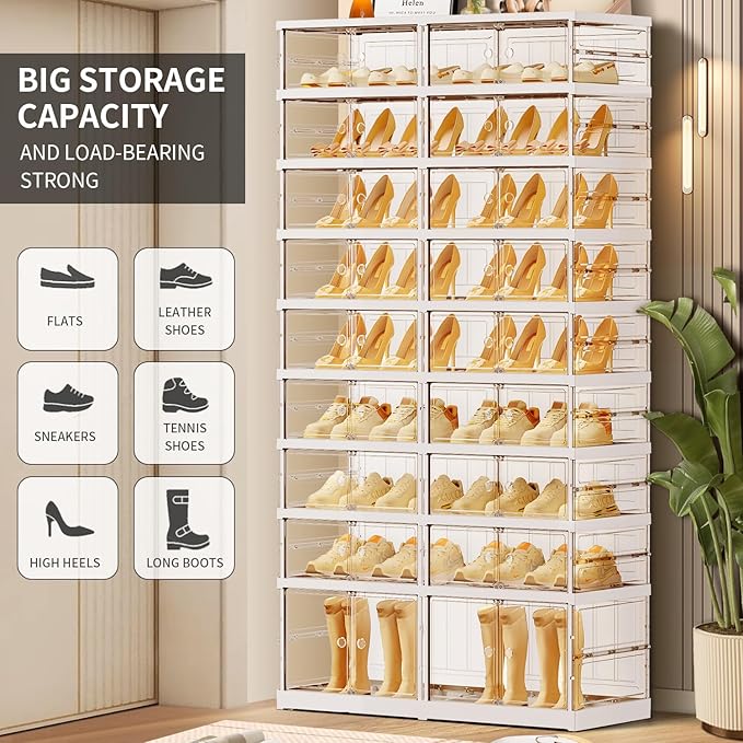 CIMLORD 9-Tier Foldable Shoe Rack for Closet Entryway 18-36Pairs,Stackable Clear Shoe Storage Boxes Organizer with Door Plastic Shoe Cabinet Bins with Lids Shoes Shelf Easy Assembly Large White