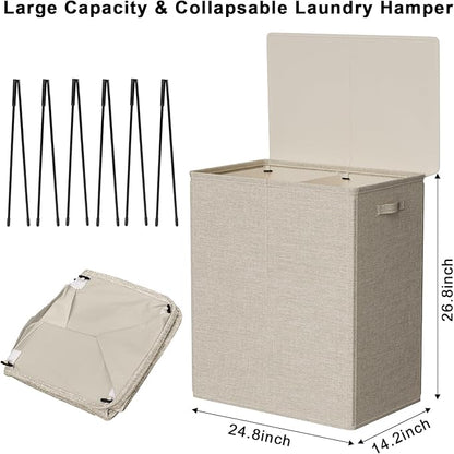 WOWLIVE 154L Double Laundry Hamper with Lid and Removable Laundry Bags, Large Dirty Clothes Hamper 2 section Collapsible Laundry Basket Dorm Room Storage for Bedroom, Bathroom, College,Wheat