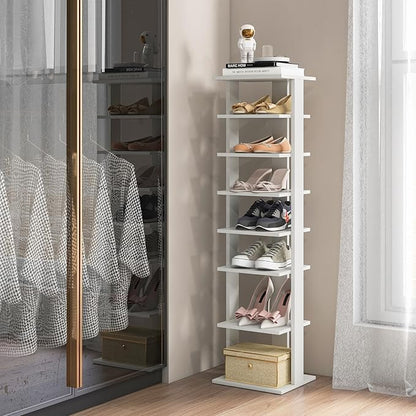 BETTARY 8 Tier Vertical Shoe Rack, Narrow Wooden Corner Shoe Organizer for Small Spaces, Removable Shelves, Anti-toppling Device, Shoe Tower for Entryway, Closet, Bedroom (White, Single Row)