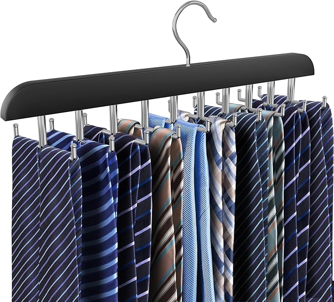 Tie Rack Hanger for Closet, 2 in 1 Belt Tie Hangers with 20 Folding Hooks, 360 Degree Rotating Wooden Tie Holder Organizer for Men Ties Belts Scarves Tank Tops Accessories, Black (1 Pack)