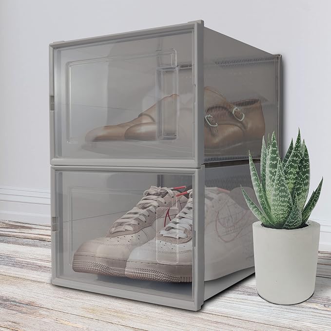 Basic Fundamentals 12 Pack Stackable Storage Bins for Sneaker Shoes - Clear Plastic, Foldable Shoe Box for Closet Organizing - Perfect Drop Front Shoe Organizer with Breathable Frame, White