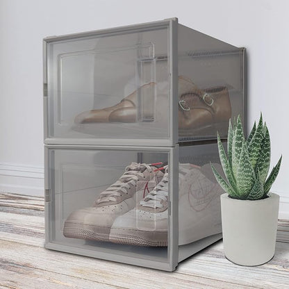 Basic Fundamentals 12 Pack Stackable Storage Bins for Sneaker Shoes - Clear Plastic, Foldable Shoe Box for Closet Organizing - Perfect Drop Front Shoe Organizer with Breathable Frame, White