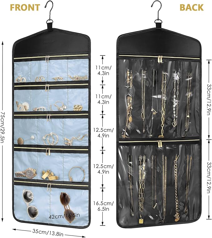 CHICECO Travel Jewelry Holder Organizer,Hanging Jewelry Organizer Storage with Zippered Pockets for Cloest,Jewelry Holder for Earrings, Necklaces (Blue Black)