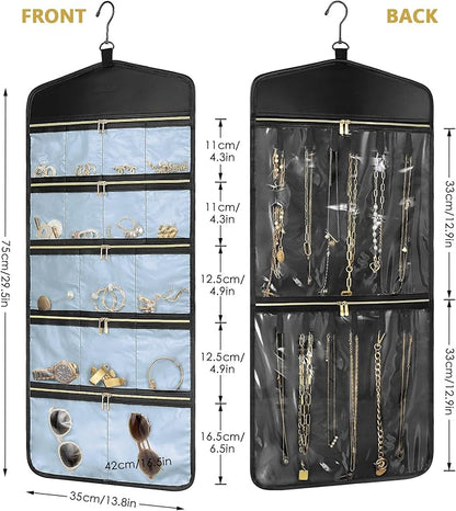 CHICECO Travel Jewelry Holder Organizer,Hanging Jewelry Organizer Storage with Zippered Pockets for Cloest,Jewelry Holder for Earrings, Necklaces (Blue Black)