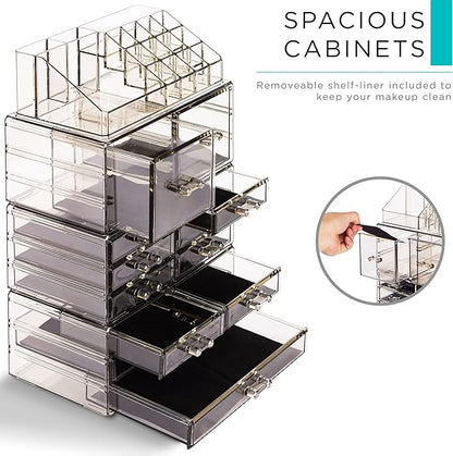 Sorbus Large Makeup Organizer - Clear Stackable Jewelry & Makeup Organizer For Vanity, Bathroom Storage, Dresser - 12 Drawers Cosmetic Beauty Organizers and Storage with Lipstick, Makeup Brush Holder