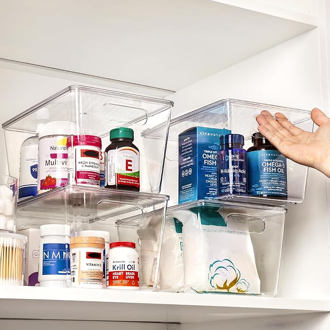 Vtopmart 12 Pack Clear Stackable Storage Bins with Lids, Large Plastic Containers with Handle for Pantry Organizer and Storage,Perfect for Bathroom,Cabinet,Kitchen,Fridge,Closet Organization