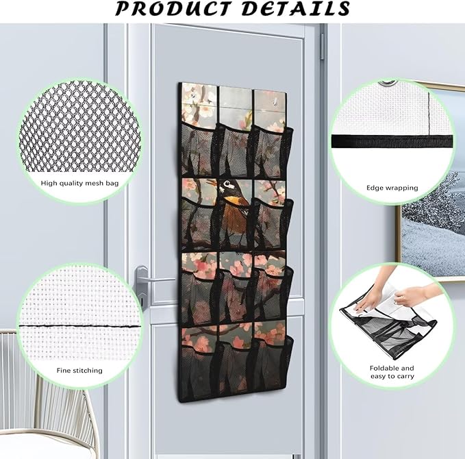 American Robin Over the Door Shoe Organizer 4 Shelf 12 Large Mesh Pockets Shoe Rack for Door Closet Organizer for Small Spaces Waterproof Storage Bag for Toiletries Shoes Snacks