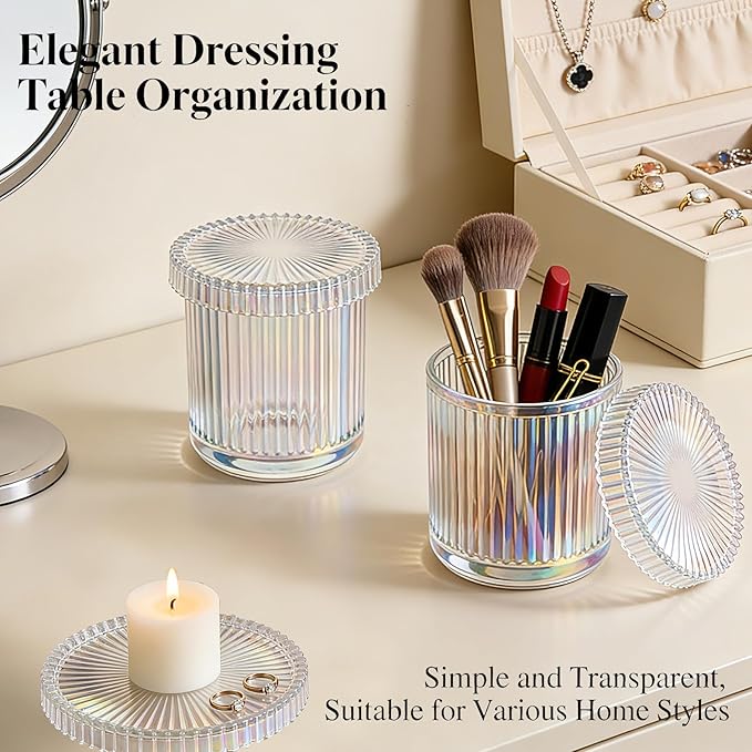 2 Pack Glass Qtip Holder Dispenser Set - Bathroom Organizer for Cotton Swabs, Balls, Pads, Floss Picks - Clear Apothecary Jars for Vanity, Makeup Storage, Bathroom Accessories Decor (Iridescent)