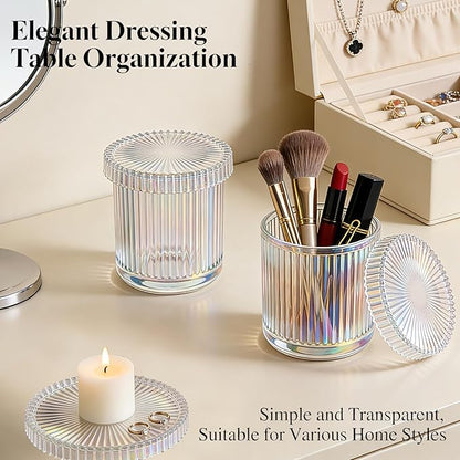 2 Pack Glass Qtip Holder Dispenser Set - Bathroom Organizer for Cotton Swabs, Balls, Pads, Floss Picks - Clear Apothecary Jars for Vanity, Makeup Storage, Bathroom Accessories Decor (Iridescent)