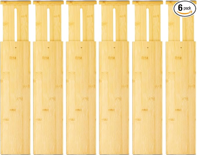 VaeFae 6 Pack Bamboo Drawer Dividers, 4" High Adjustable 11.9-17.1" Clothes Drawer Organizers, Expandable Separators for Bedroom/Bathroom/Kitchen/Office Storage