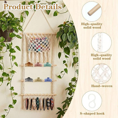 Hair Clip Holder Organizer Macrame Bow Organizer for Girls,Headband Holder Hair Accessories Storage Large Capacity Wall Hanging for Door Bedroom Wardrobe Home Decor (Beige A)