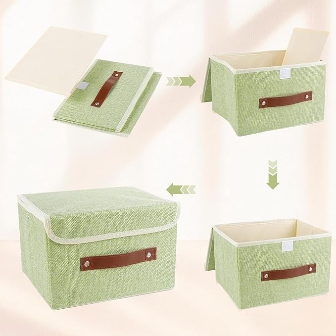 Small Storage Bin with Lid Storage Boxes,Collapsible Linen Storage Basket Container with Lid Storage Cube for Organizing Closets(Green)