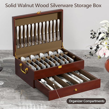 Walnut Silverware Storage Box,Silverware Flatware Case with Felt Lined,Flatware Storage Box for 12 sets of Utensils,Silverware Chest without Silverware,Silverware Organizer with Lid