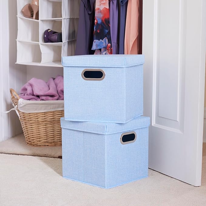 Household Essentials 816-1 Café Cube Bin Storage Set with Lids and Handles | 2 Pack, Baby Blue Linen