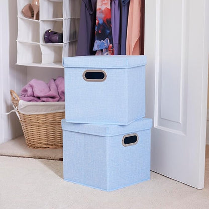 Household Essentials 816-1 Café Cube Bin Storage Set with Lids and Handles | 2 Pack, Baby Blue Linen