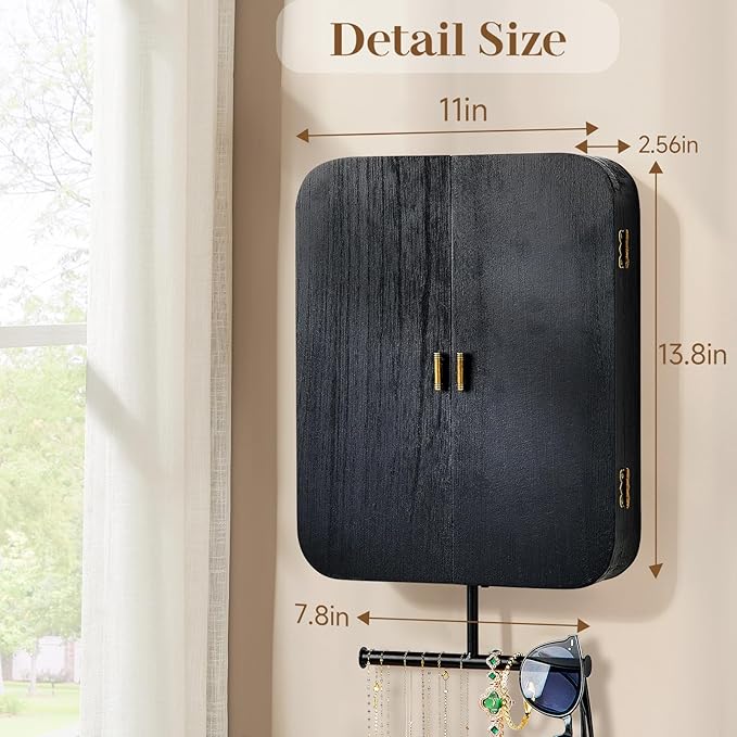 Pinzoveco Hanging Jewelry Organizer, Wall Mounted Jewelry Organizer for Earring Holder Organizer, Jewelry Cabinet Holder Jewelry Storage Box for Earrings, Necklaces, Bracelets, Ring Holder (Black)
