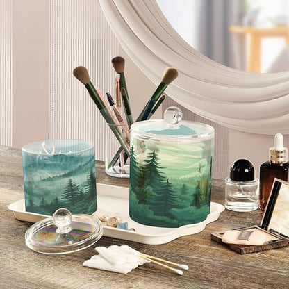 2 Pack Qtip Dispenser Apothecary Jars with Lids Cotton Round Holder Bathroom Canisters for Cotton Swab Floss Ball Pads Clear Plastic Decorative Mountain Forest Trees Green